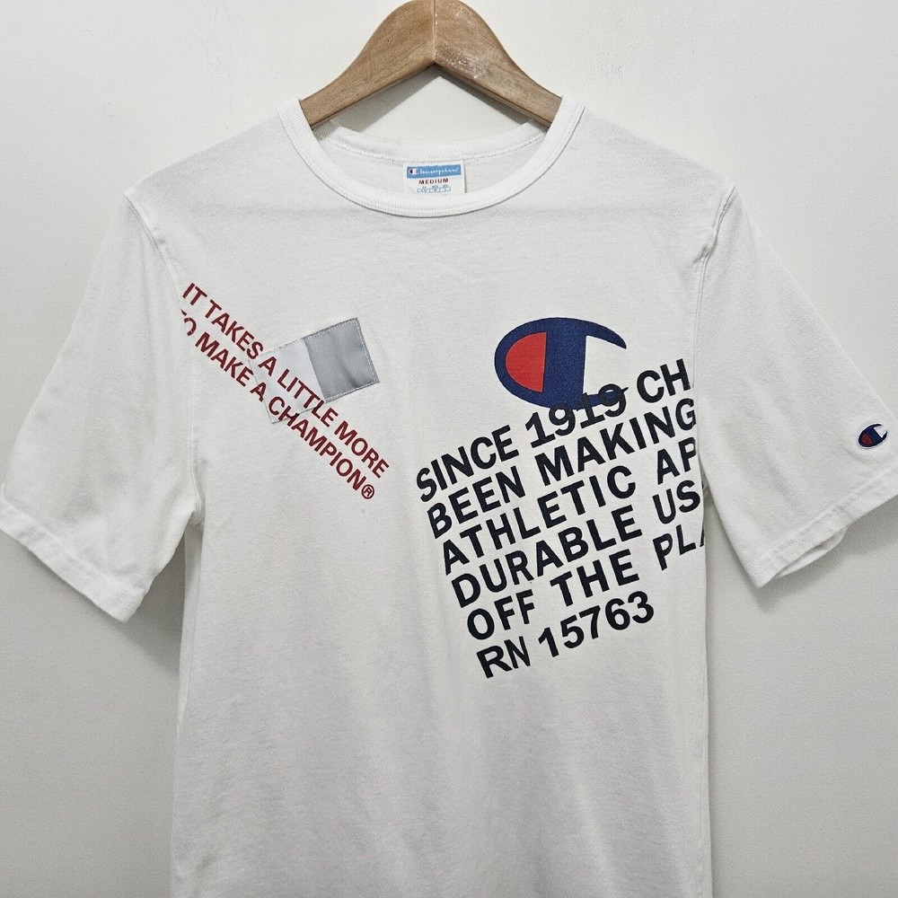 CHAMPION Vintage Men's White Crew Neck Graphic Print T Shirt Size M